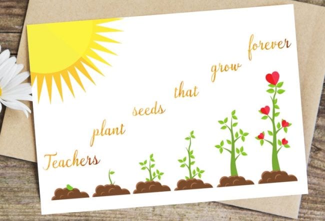 Greeting card showing growing plants; text reads Teachers Plant Seeds That Grow Forever (Cards for Teachers)