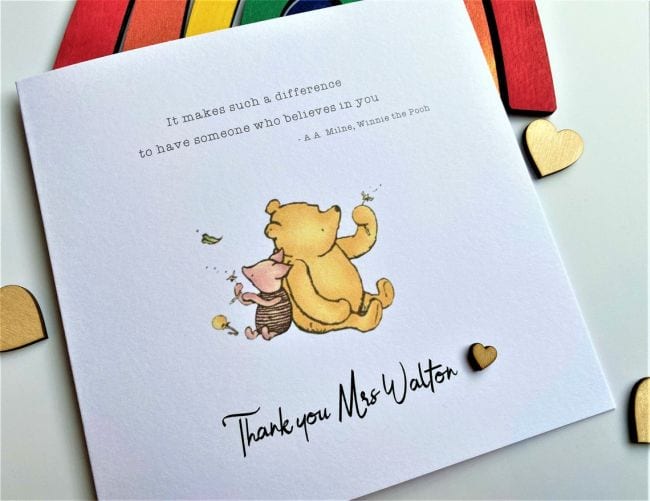 Greeting card with drawing of Winnie-the-Pooh and Piglet; text reads It makes such a difference to have someone who believes in you.