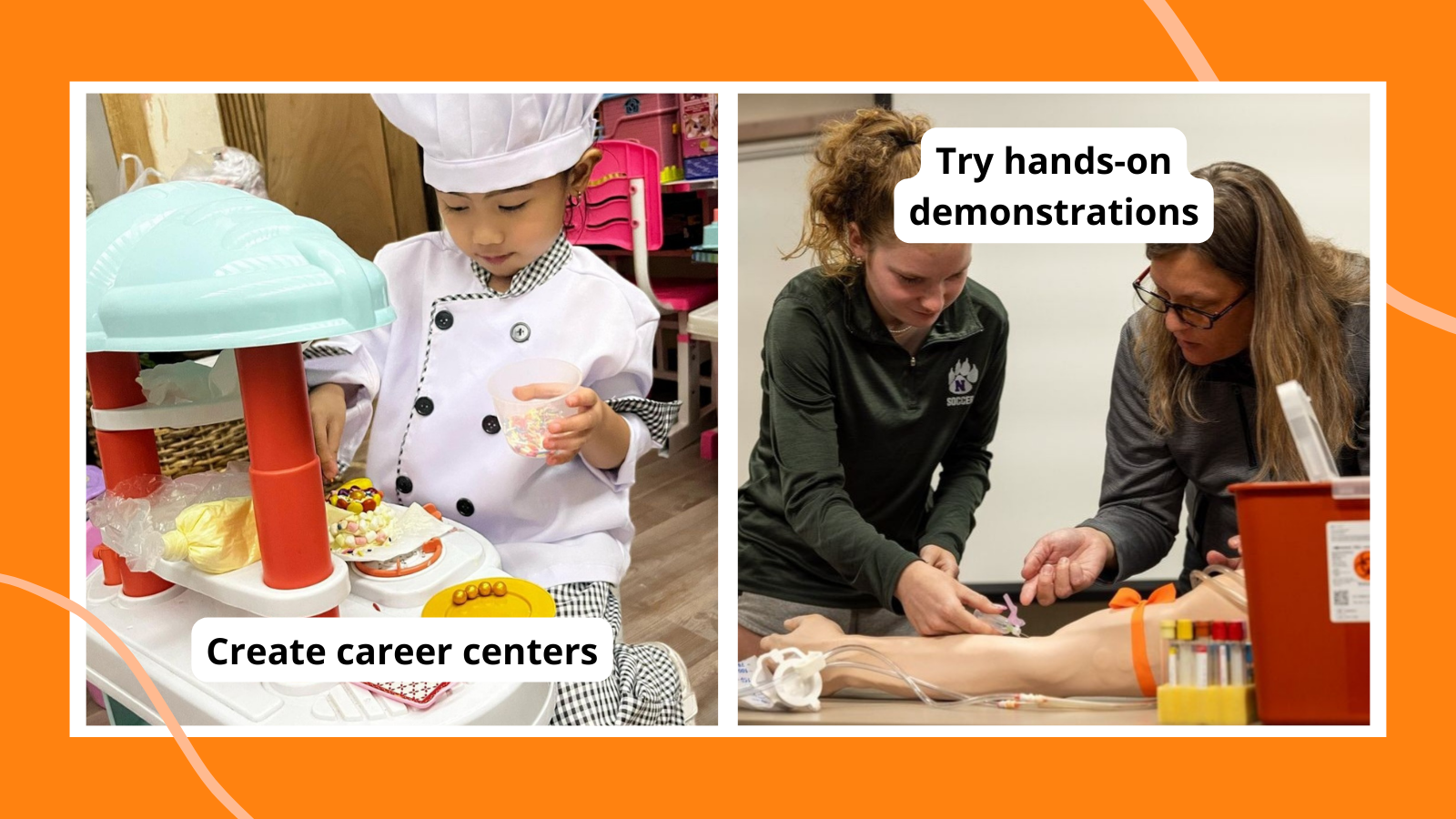 Collage of career day ideas, including career centers and hands-on demos