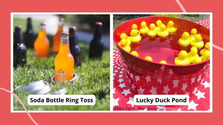Collage of carnival games including soda bottle ring toss and lucky duck pond
