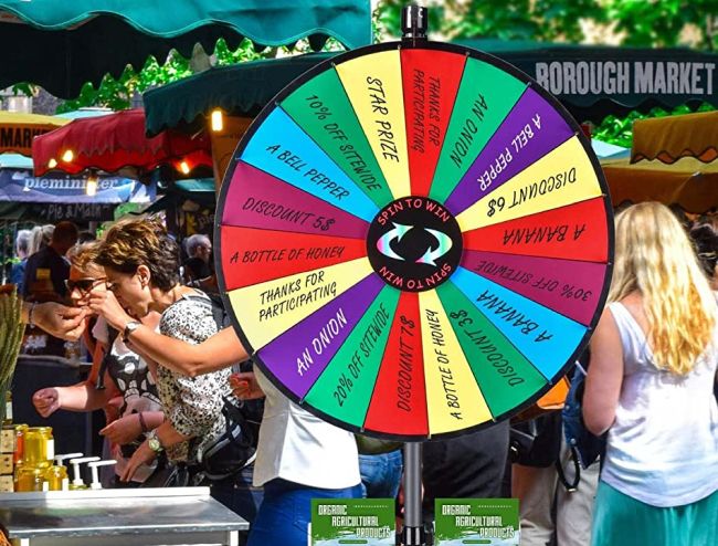 Spinning prize wheel set up at a neighborhood market