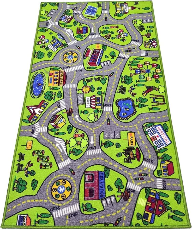 A rug has streets and other cityscape things on it.