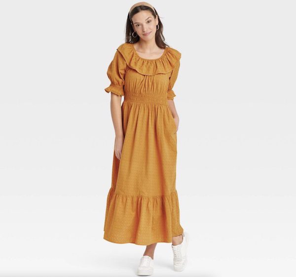 Orange puffy sleeve casual maxi dress
