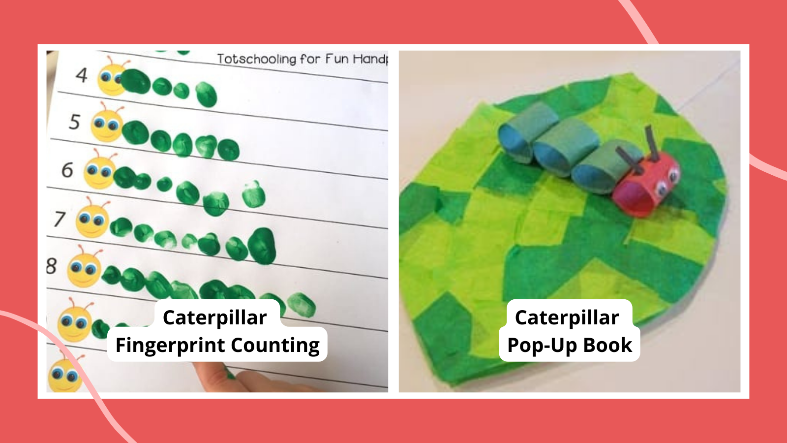 Very Hungry Caterpillar activities including a caterpillar pop-up book and caterpillar finger counting.