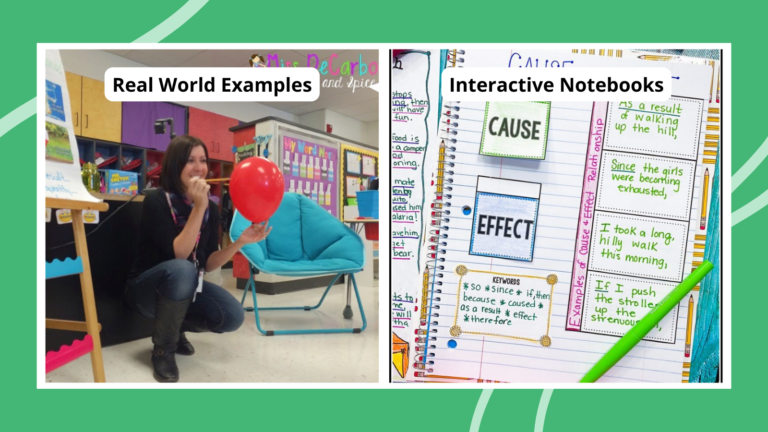 cause and effect lesson plan examples interactive notebook page and teacher standing with a pin and a balloon