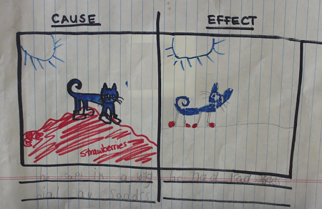 example of cause and effect drawing using pete the cat cahracter 