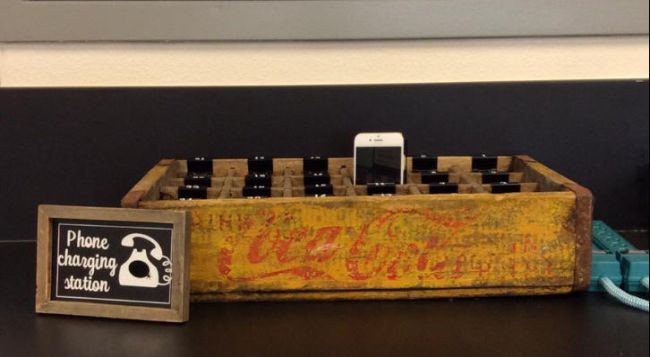 Phone charging station made from a vintage Coke crate (Cell Phones in Class)