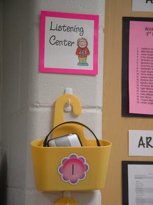 Hanging yellow shower caddy on classroom wall.