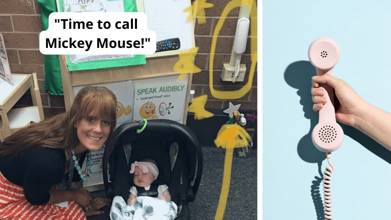 Teacher and baby with a corded phone and text 'Time to call Mickey Mouse!'