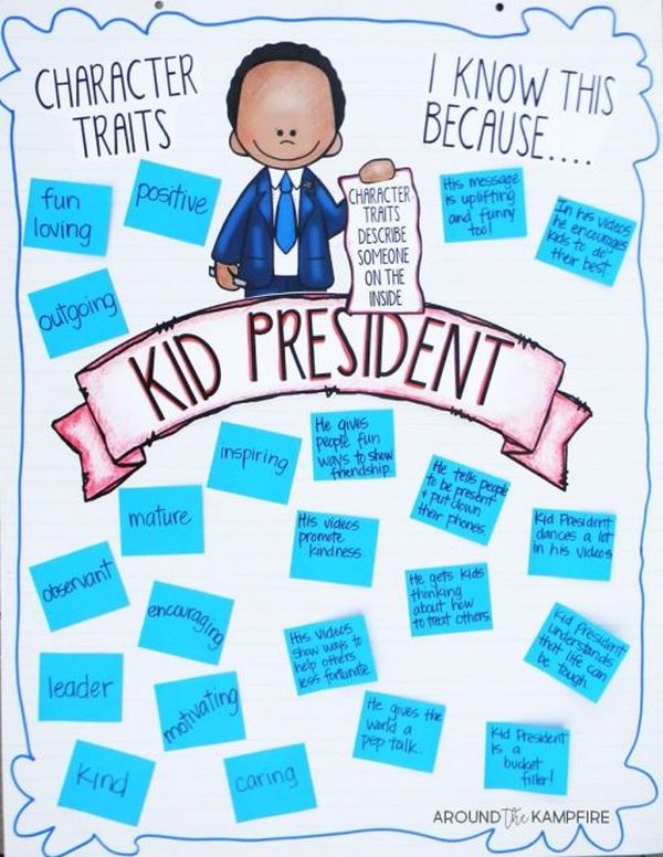 Kid President character trait anchor chart including traits and reasons (Character Traits Anchor Charts)