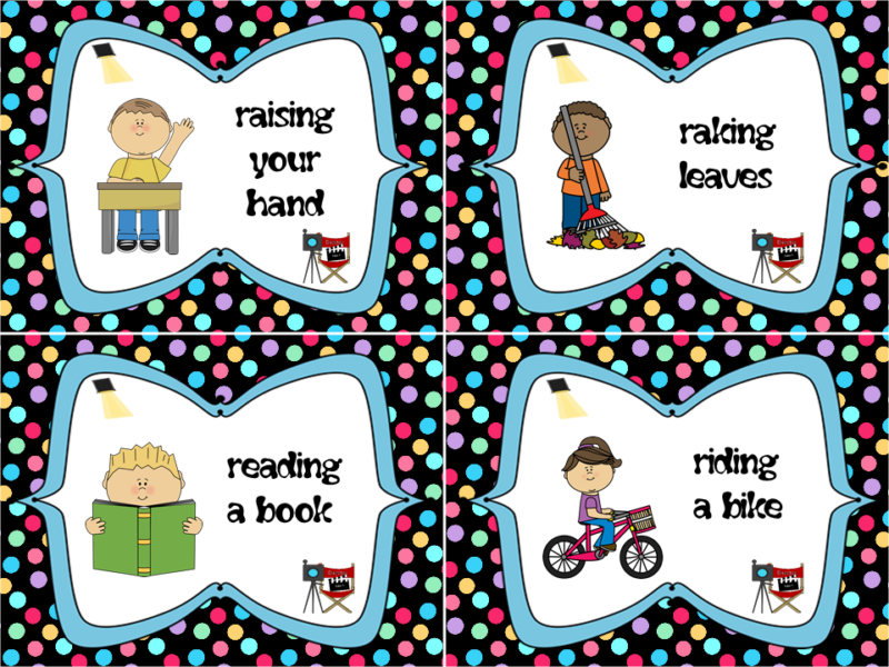 charades cards that students could act out, including riding a bike and raising your hand to play during a classroom game 