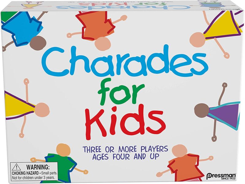 A box with stick figure children on it says Charades for Kids (best board games for preschoolers)