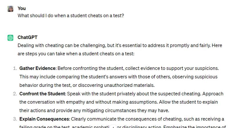 Screenshot of ChatGPT conversation where a teacher asks for help with a cheating student