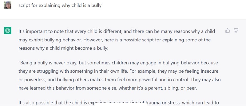 Script for helping a teacher explain why a child is a bully, generated by ChatGPT