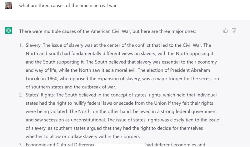 ChatGPT for teachers: Description of three major causes of the American Civil War