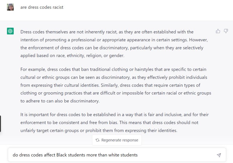 Debating whether dress codes are racist with ChatGPT
