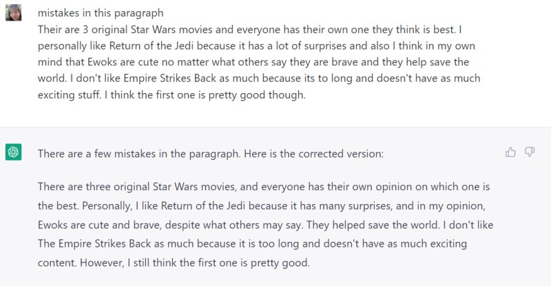 Two paragraphs about the original Star Wars movies, one edited by ChatGPT