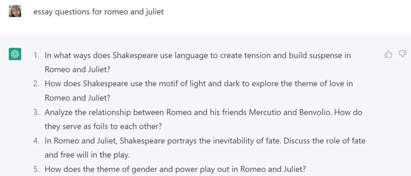 A series of essay questions on Romeo and Juliet written by ChatGpt