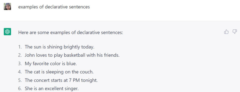 ChatGPT used to create examples of declarative sentences