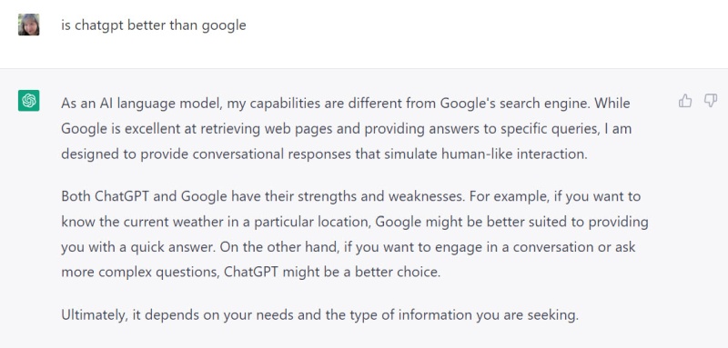 Comparison of ChatGPT and Google, written by ChatGPT