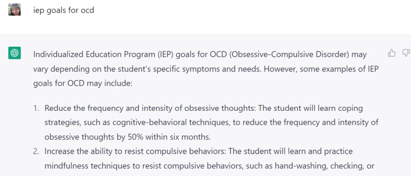 Examples of IEP goals for a student with OCD, generated by ChatGPT