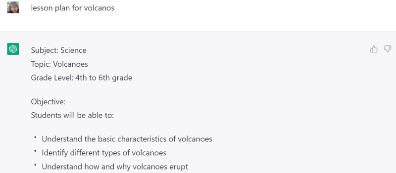 Simple lesson plan on volcanos generated by ChatGPT (ChatGPT for Teachers)