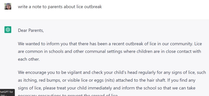 ChatGPT used to write a note to parents about a lice outbreak (ChatGPT for teachers)