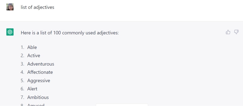 List of adjectives, generated by ChatGPT (ChatGPT for teachers)