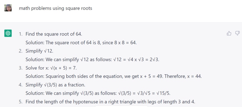 Math problems involving square roots, generated with chatGPT