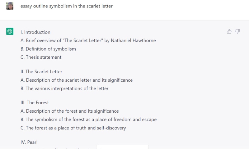 Essay outline for symbolism in The Scarlet Letter made using ChatGPT