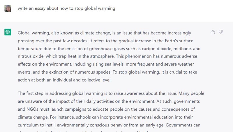 Essay on global warming written by ChatGPT