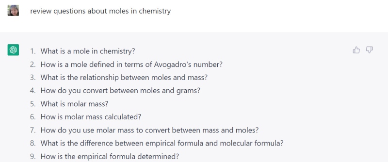 Review questions about moles in chemistry, generated by ChatGPT