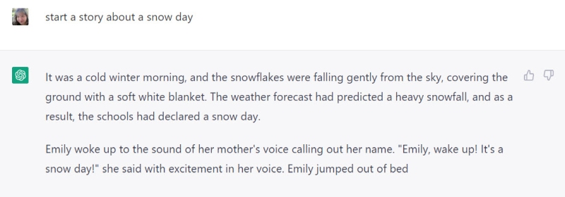 Start of a story about a snow day, written by ChatGPT