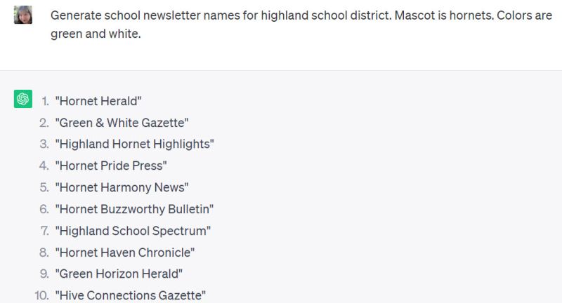 Screenshot of ChatGPT response to the question "Generate school newsletter names for highland school district. Mascot is hornets. Colors are green and white."
