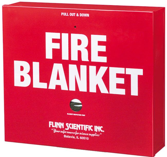 Red box labeled Fire Blanket, part of chemistry lab equipment for safety