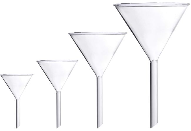 Four glass funnels of various sizes