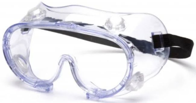 Clear plastic safety goggles with a black elastic strap as an example of chemistry lab equipment