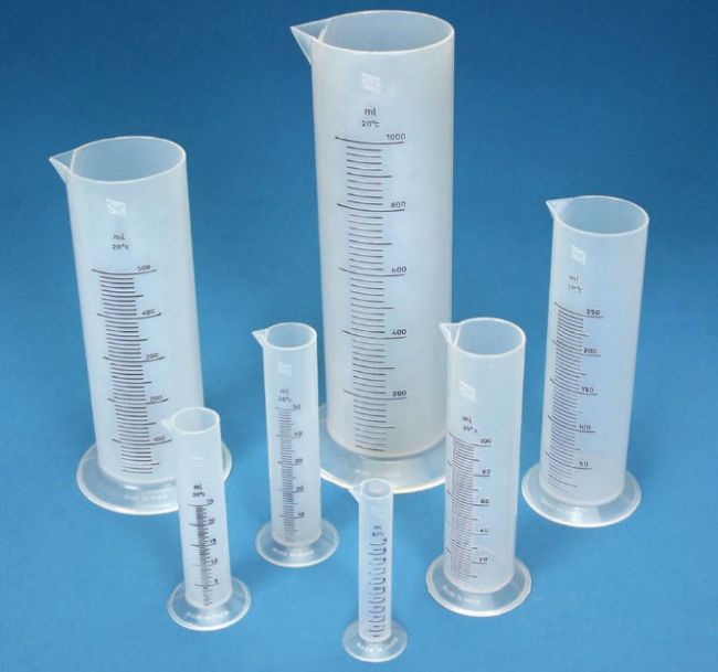 Set of 7 graduated cylinders made of plastic as an example of chemistry lab equipment