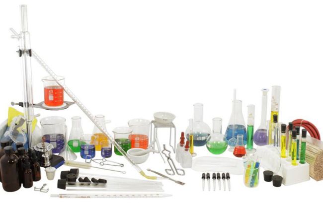 Deluxe set of chemistry glassware and lab tools, including beakers, flasks, test tubes, and more