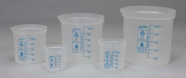 Set of polypropylene beakers in different sizes as an example of chemistry lab equipment