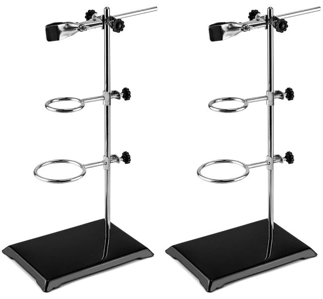 Two support stands for chemistry lab equipment with rings and clamps as an example of chemistry lab equipment