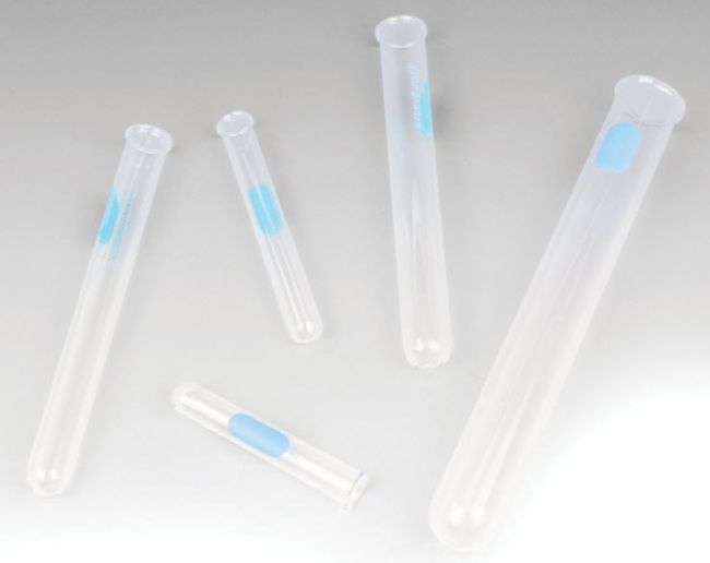 Five test tubes in various sizes with blue labels