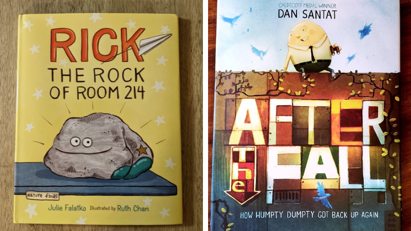 Some of the best children's book illustrators featured on books on a table including: After the Fall and Rick the Rock of Room 214
