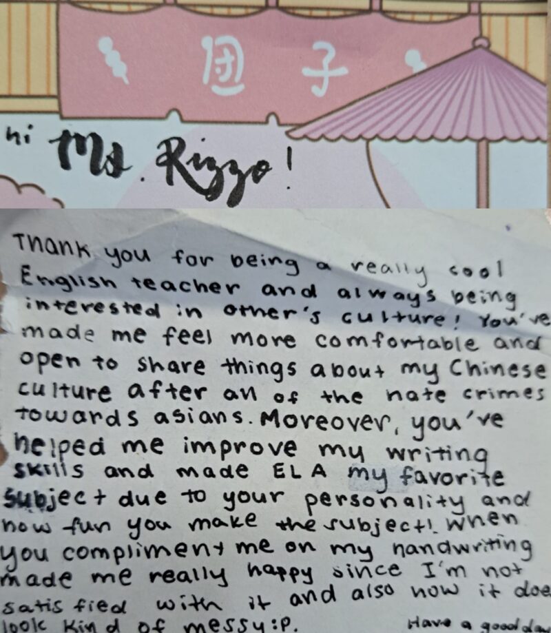 Thank you to note to a teacher written by a Chinese student.