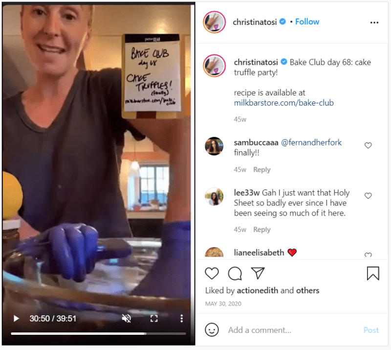 Still of Christina Tosi Instagram virtual cooking class for kids