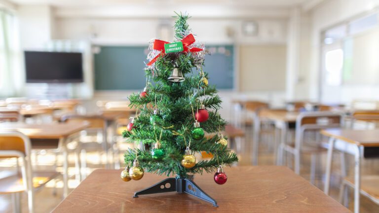 A Christmas tree in an empty classroom