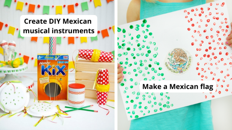 Examples of Cinco de May activities including creating DIY Mexican musical instruments and making a Mexican flag.