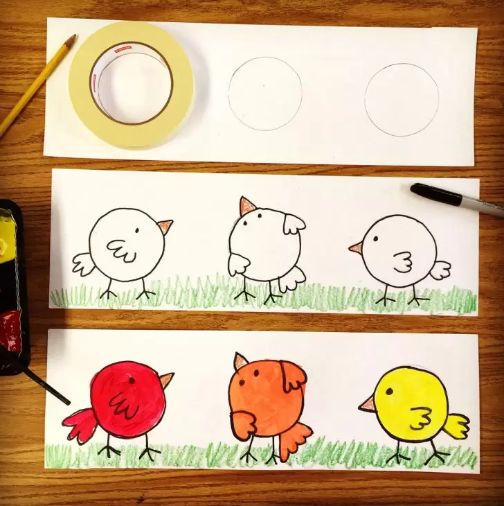 Three strips of white paper are shown. The first has a pencil and a roll of tape that is to be traced to make a a circle. The second has a black outline of 3 chicks. The last shows them colored. (kindergarten art)