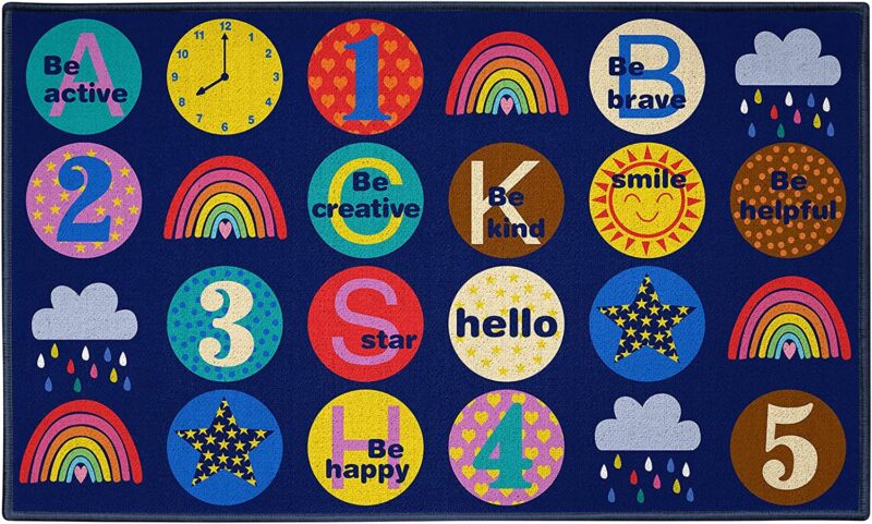 Classroom rugs can include seating like this one with different circles on a blue rug that have different sayings and designs like Be Happy and a rainbow and a clock.