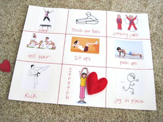 Tic-tac-toe game of exercises like toe touches and jumping jacks (Circulatory System Activities)